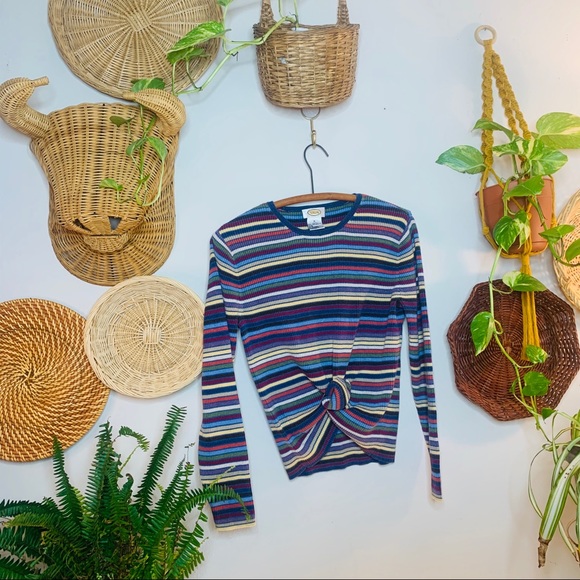 Vintage Sweaters - vintage 90s ribbed rainbow striped crop sweater